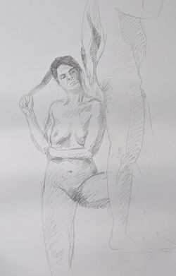 A pencil sketch of a woman standing next to a man and playing with her hair