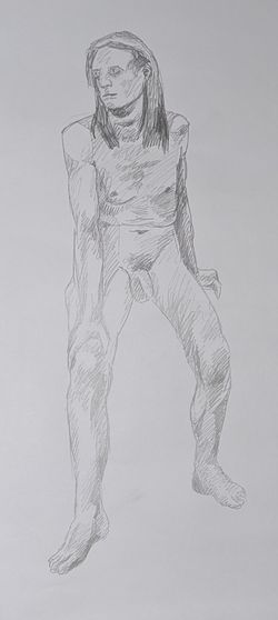 A pencil sketch of a thin man sitting facing towards you. He has long hair and a kind of stressed expression that may not have been present in the real model