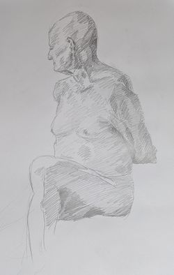 A pencil sketch of an older man sat side-on to you and looking away