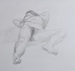 A pencil sketch of a woman lying on her back with her feet towards you