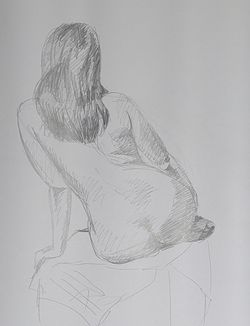 A pencil sketch of a woman sat leaning to one side, from behind