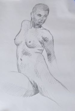 A pencil sketch of a woman with short hair leaning away from you but twisting back towards