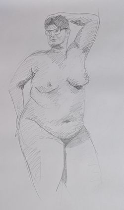 A pencil sketch of a larger woman standing with one hand on her head and the other on her waist