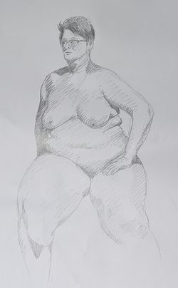 A pencil sketch of the same woman sitting down