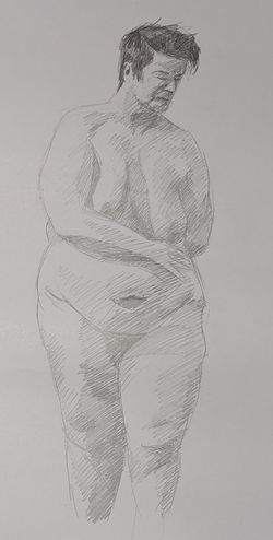 A pencil sketch of the same woman looking down and away