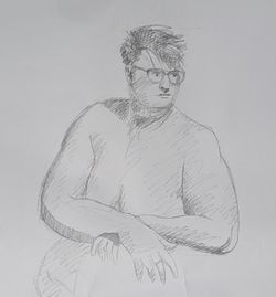 A pencil sketch of the same woman sitting down and looking over her arms with a real Hannah Gadsby look on her face