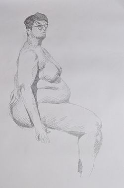 A pencil sketch of the same woman sitting side-on with one arm behind her back