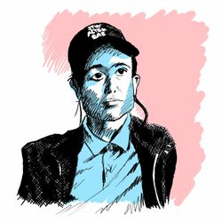 A digital drawing of Elliot Page, in the trans flag colours
