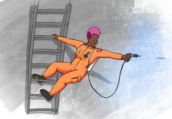 A digital drawing of a woman hanging off a ladder and shooting something off-screen. The colour scheme is taken from the lesbian flag (well, one of them)