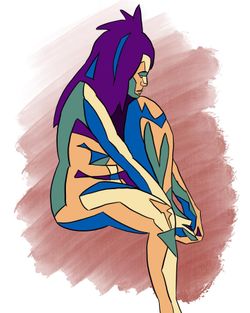 The last of the three drawings in the last image, with bright digital colours in place of the shading