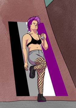 A digital drawing looking up at a person in fishnets, shorts and a bra, leaning against a wall. The colour scheme is taken from the enby flag.