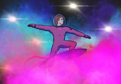 A digital drawing of a man surfing through a nebula. The colour scheme is taken from the bi flag