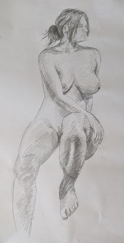 A pencil sketch of a woman sat on the edge of something I didn't draw, looking off into the distance