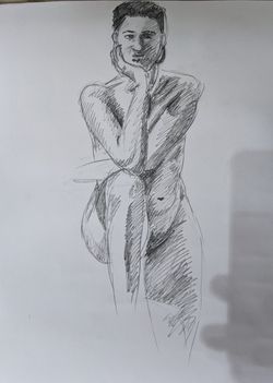 A pencil sketch of a woman sat, resting her head on her arm and the arm on her knee