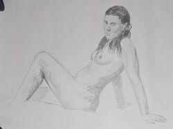 A pencil sketch of a woman sitting back leaning on her arms