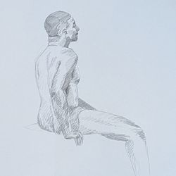 A pencil sketch of a black man facing away from us