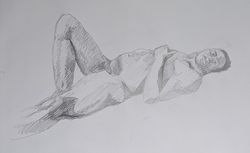 A pencil sketch of the same man lying across the picture with one knee up