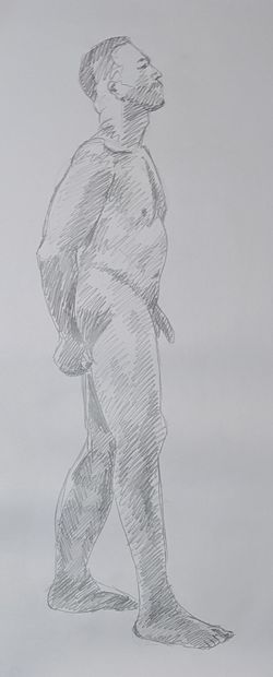 A pencil sketch of the same man facing side-on looking slightly up with pride