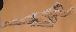 A chalk sketch of a woman lying on her front. It's on orange paper and there's both black and white chalk to pick out shadows and highlights