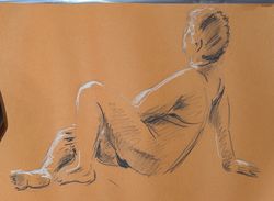 A chalk sketch of the same woman sat facing away