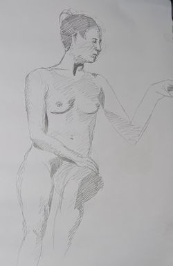 A pencil sketch of a woman looking out of the image reaching out of it