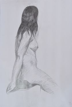 A pencil sketch of a woman sat side on to you and looking away