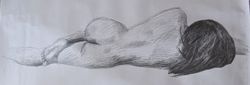 A pencil sketch of a woman facing away from you with her leg cocked so you can see the sole of her foot