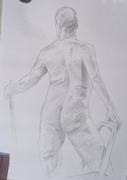 A pencil sketch of a man standing proud with a stick