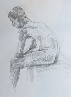 A pencil sketch of a man sitting facing away from you looking deep in thought