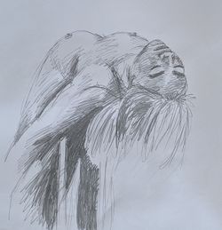 A pencil sketch of a woman facing away from you, but leaning back over something so you can see her face