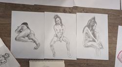 Three pencil sketches of the same woman in different poses