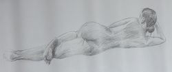 A pencil sketch of a woman facing away from you with her leg cocked so you can see the sole of her foot