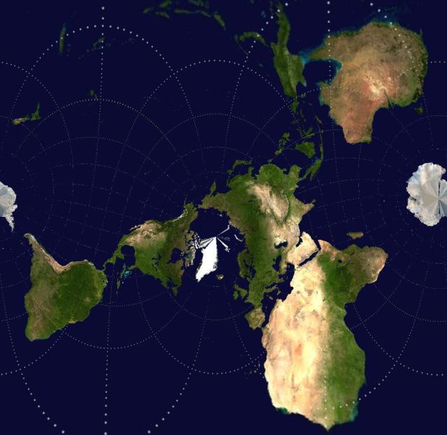 Another reoriented map. Africa's west coast and Japan are especially distorted