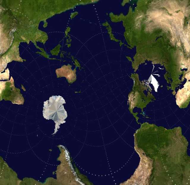 Another reoriented map. Here the oceans are a reasonable shape but South America and Asia are heavily distorted