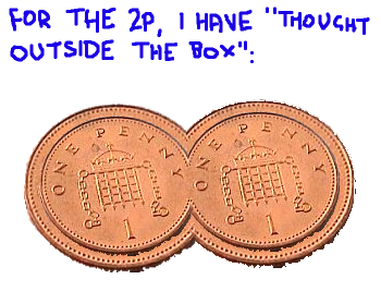 For the 2p, I have thought outside the box. The coin is two of my updated pennies grafted together into the shape of a Venn diagram