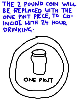 The £2 coin will be replaced with the one pint piece, to co-incide with 2h hour drinking