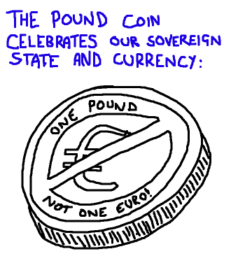 The poind coin celebrates our sovreign state and currency. The design is a large, crossed out Euro symbol, reading "one pound — not one euro"