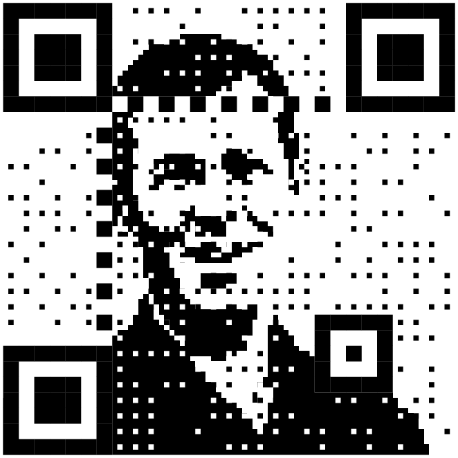 A dithered photo of Dave Richeson, with standard QR code alignment patterns superimposed on it, and a smattering of small black and white pixels on top