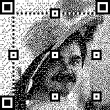 A dithered version of Morten Rieger Hannemose's ethically-sourced Lena image, with standard QR code alignment patterns superimposed on it