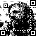 A dithered photo of me, with standard QR code alignment patterns superimposed on it