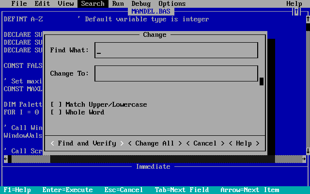 Microsoft QuickBASIC's find-and-replace dialog