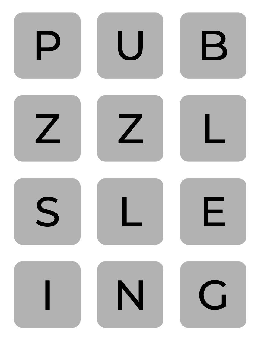 A grid of squares, labelled (in rows): P U B, Z Z L, S L E, and I N G